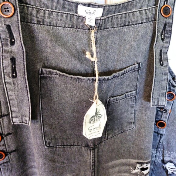 Easel Black Denim Distressed Wash Oversized Wide Leg Overalls SZ Large 14-18 NWT - Picture 13 of 15